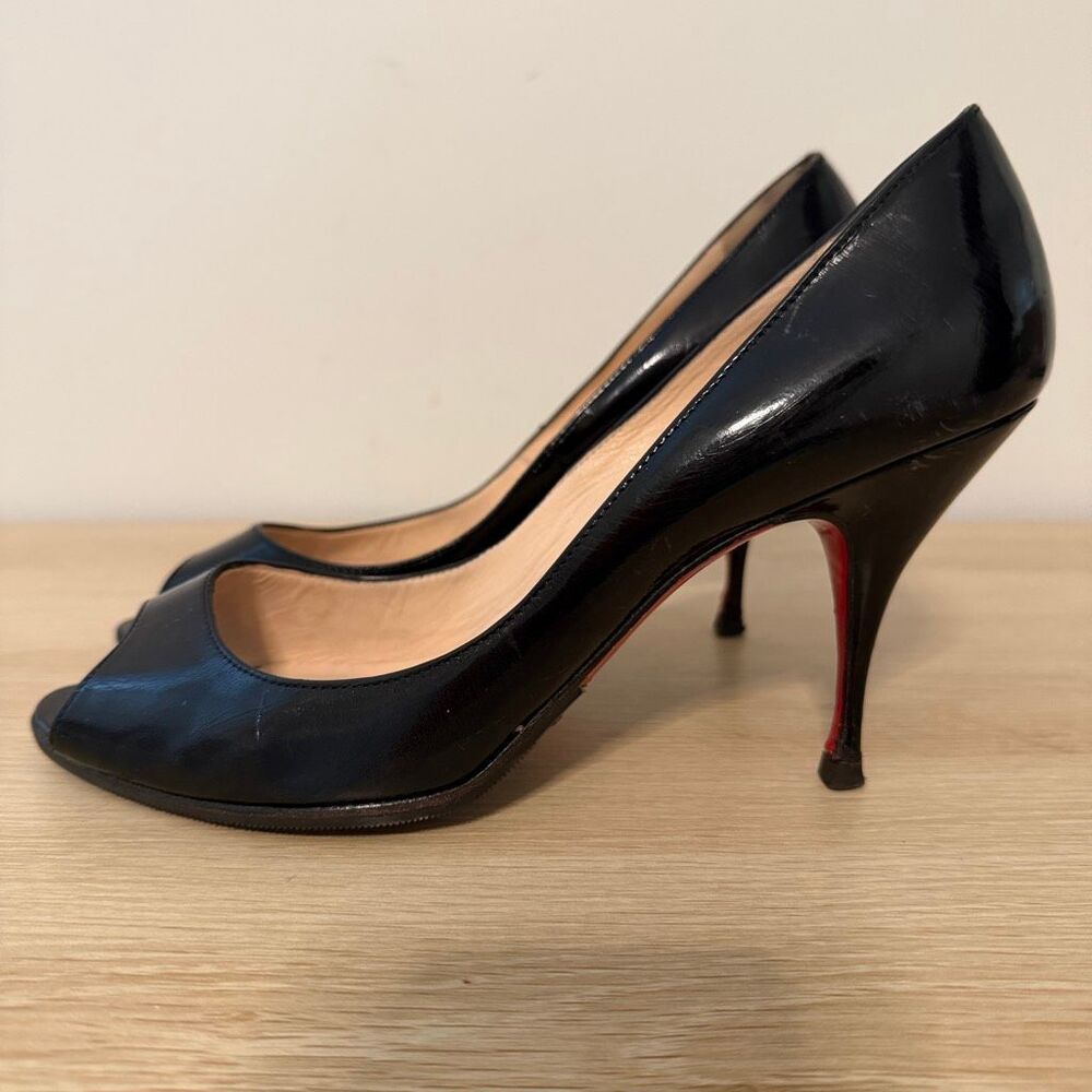Christian Louboutin Black Patent Leather Peep Toe Stiletto Heels Size 39